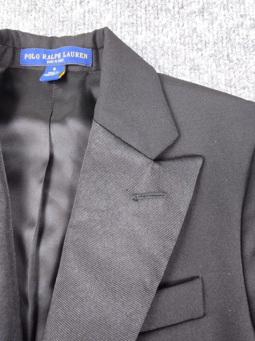 Polo Ralph Lauren Boys Wool Peak Lapel Tuxedo Jacket Blazer Black Size 5 Italy